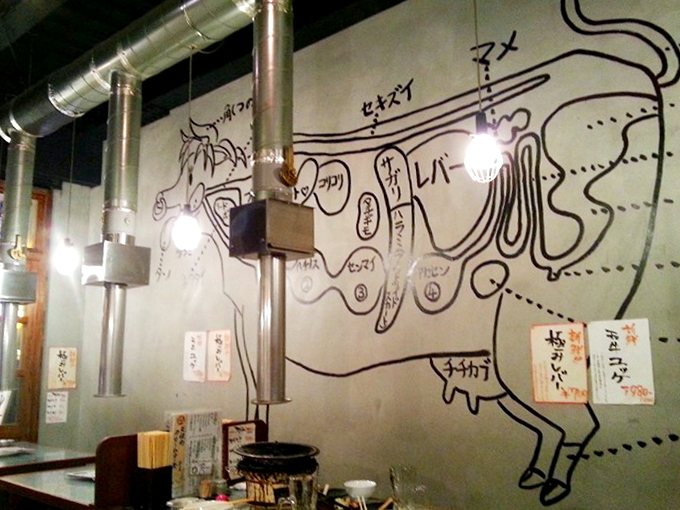 大阪府大阪市中央区千日前 ホルモン大衆酒場「ホルマル」の壁に書かれた牛の部位