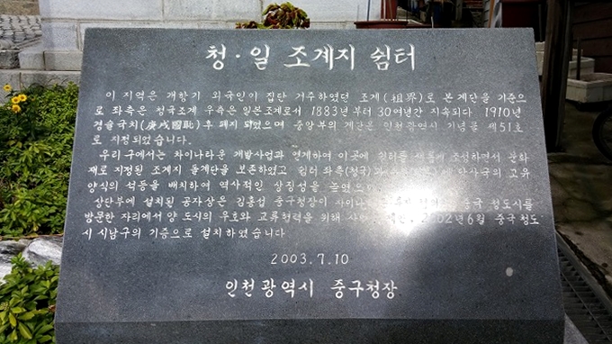 韓国 仁川 清日租界地境界階段 孔子像-碑文