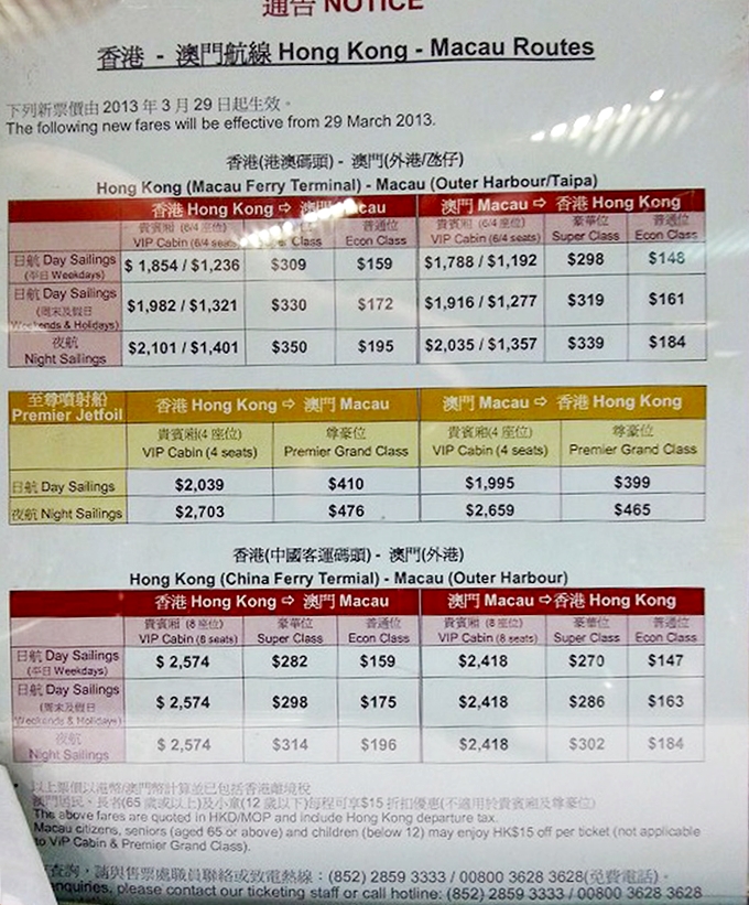 マカオフェリーターミナル 香港マカオフェリーの料金表（2014年時点）