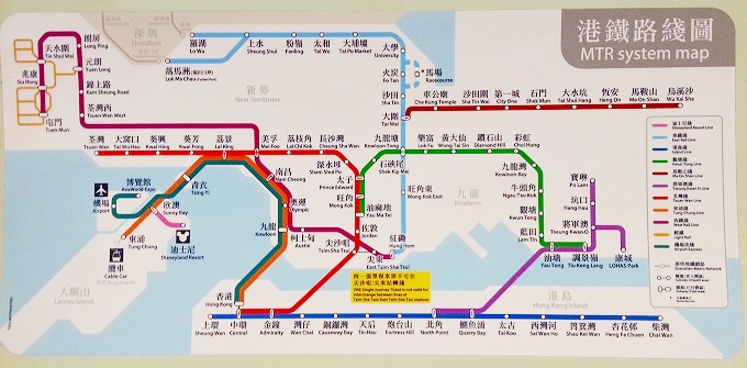 香港MTR「東鉄線/East Rail Line」の車内の「香港MTRの路線図」