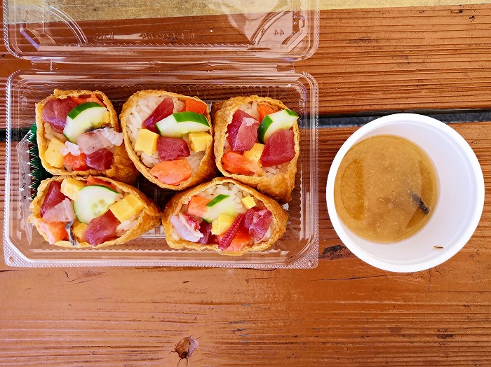 5 pieces of seafood inari with fish soup 500yen.