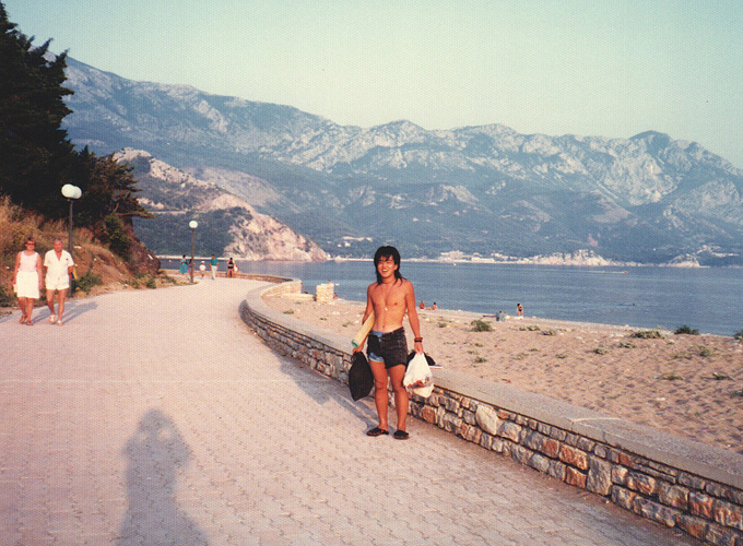 The beach of Adriatic fortified city of Budva, Montenegro, former Yugoslavia.